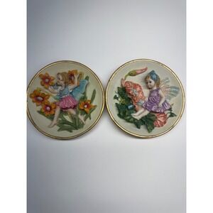 Vintage 3D Flower Fairy Resin Wall Plaques Set of 2 Gold Rim Decorative Plates